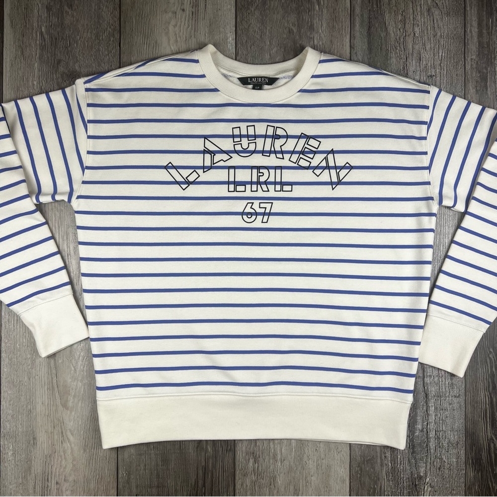 Women’s Lauren Ralph Lauren Striped French Terry Pullover Logo Spell Out Size S